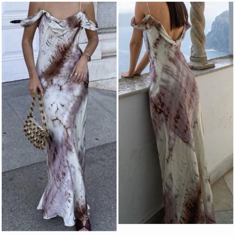 Zara NWT Marble Print Satin Off-Shoulder Maxi Dress Size M